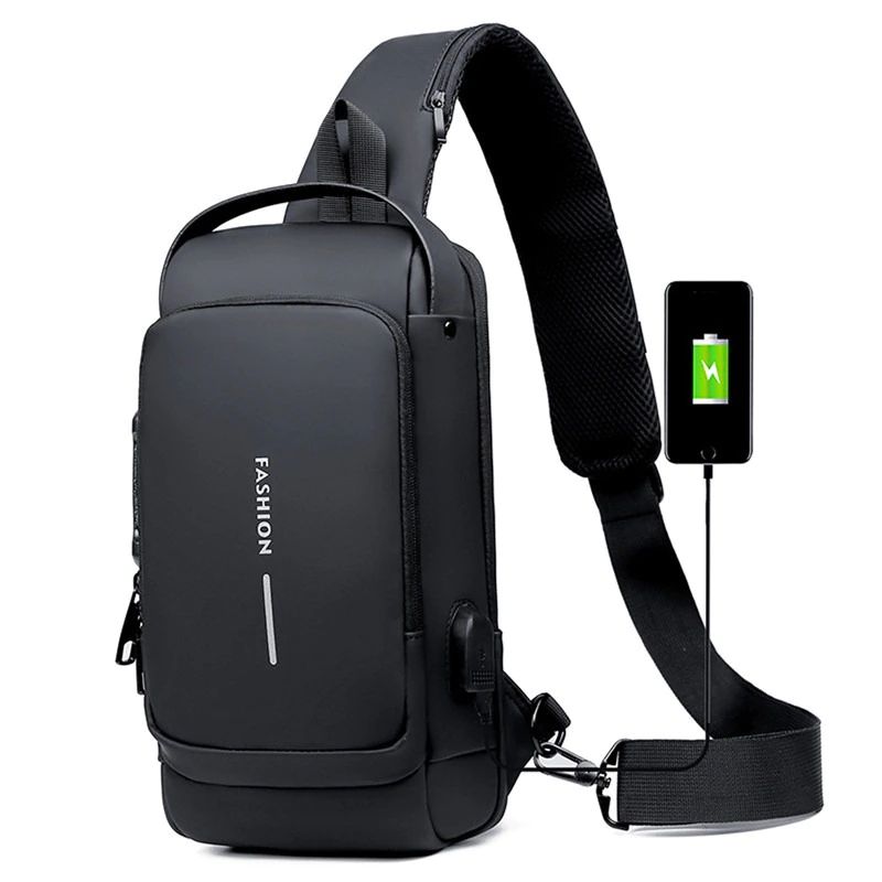 Men's USB Charging Sport Sling Bag with Anti-theft Chest Design and Combination Lock Black